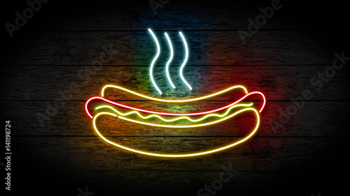 Realistic 3D illustration of Neon Hot Dogs sign on grunge wood wall with copy space, food and drinks sign, fast food and health care concept. Restaurant neon sign.