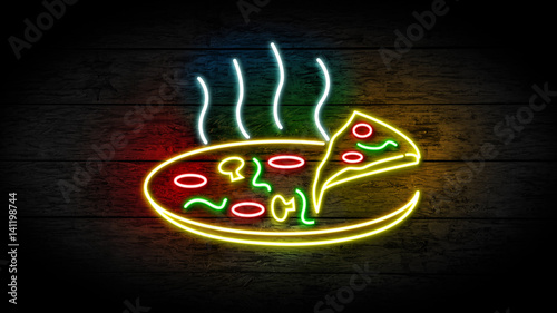 Realistic 3D illustration of Neon Pizza sign on grunge wood wall with copy space, food and drinks sign, fast food and health care concept. Restaurant neon sign.