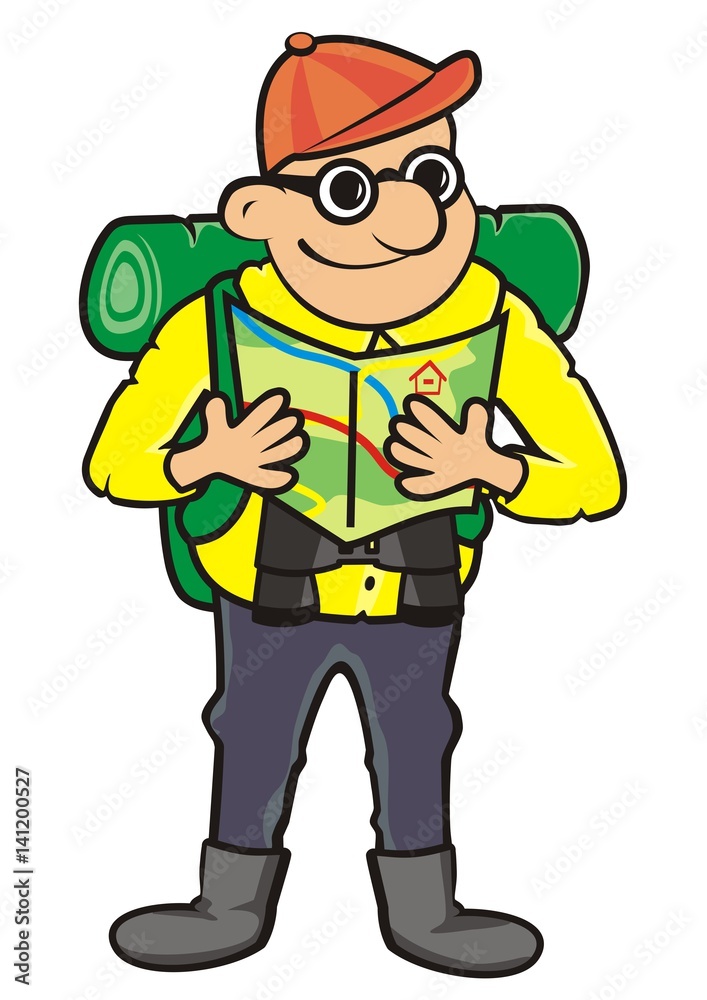Tourist and tourist guide. Vector icon. Man with rucksack, binoculars and map.
Tourist and tourist guide. Vector icon. Man with rucksack, binoculars and map.