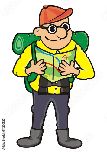 Tourist and tourist guide. Vector icon. Man with rucksack, binoculars and map.
