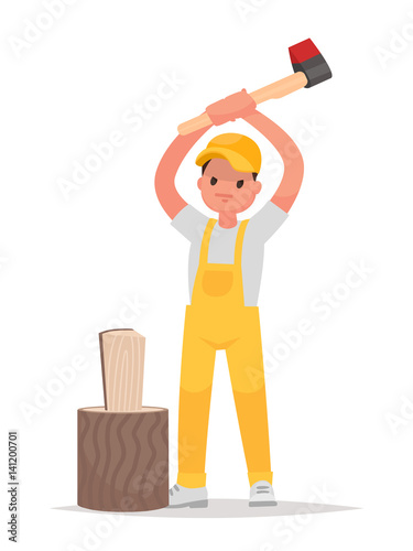 Man chops wood on a white background. Vector illustration in a flat style