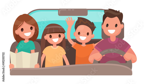 Happy family in the car. Merry travel. Vector illustration in a flat style