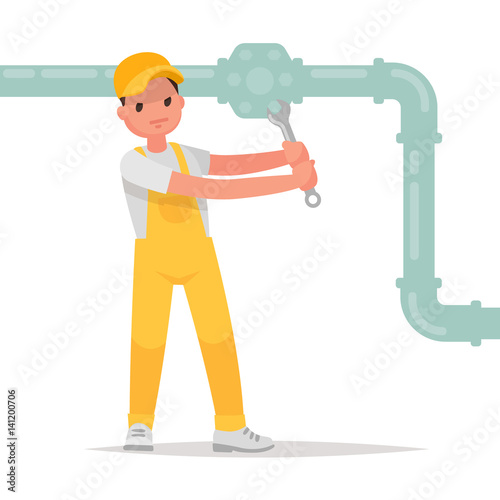 Man twists a nut with a wrench. Plumber at work. Vector illustration in a flat style