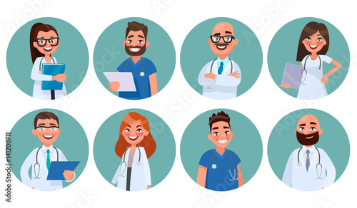 Set of doctors. Hospital staff. Avatars of medical workers. Vector illustration