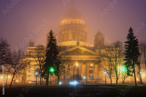 St. Isaac's Cathedral in night illumination on a misty spring evening. The view from Senate square