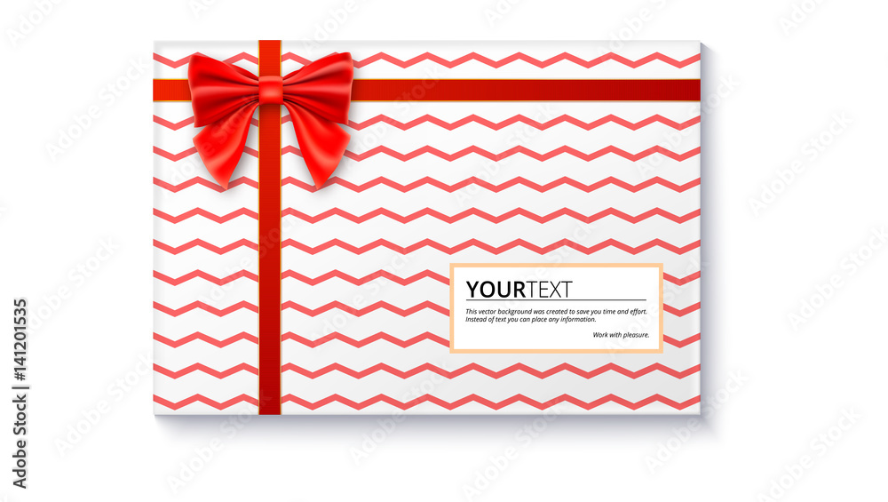 Gift box with big red bow and ribbon, isolated on white background. Top view on gift packaged in a paper with pattern Gift box with big red bow and ribbon, isolated on white background. Top view on gift packaged in a paper with pattern