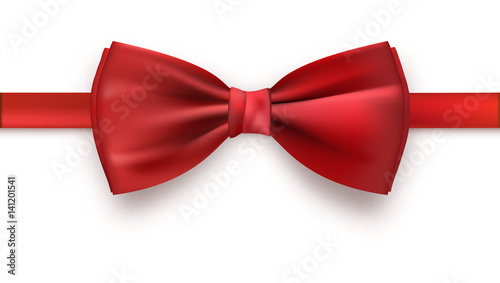 Realistic red bow tie, vector illustration, isolated on white background. Elegant silk neck bow.