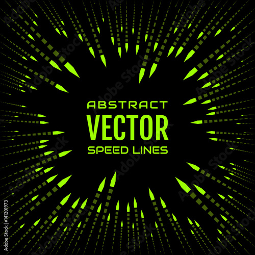 Speed line of green arrows with bright tip, like bullet on black background. Festive illustration with effect power explosion. Element of design. Vector