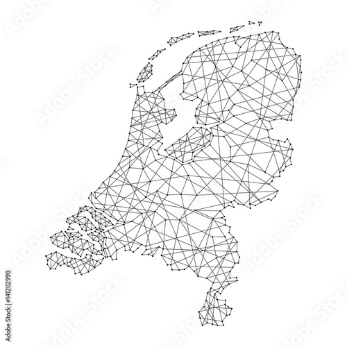 Canvas Print Map of Netherlands from polygonal black lines and dots of vector illustration