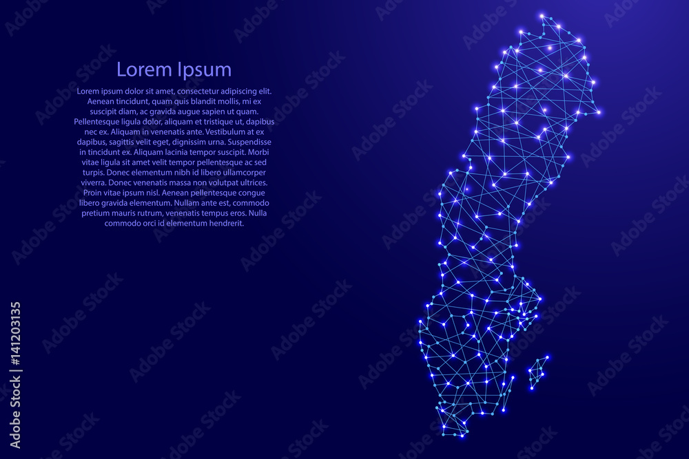 Map of Sweden from polygonal blue lines and glowing stars vector illustration