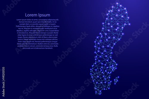 Fotografia, Obraz Map of Sweden from polygonal blue lines and glowing stars vector illustration
