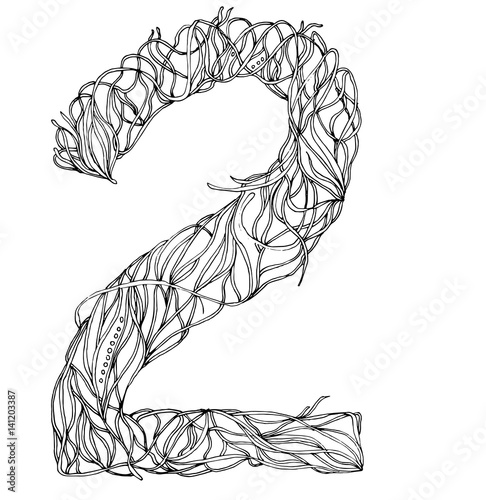 Collection of numbers of herbs close-up isolated on white background. Number 2. Can be used as adult coloring book, coloring page.