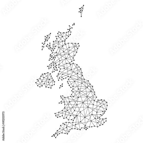 Map of United Kingdom from polygonal black lines and dots of vector illustration