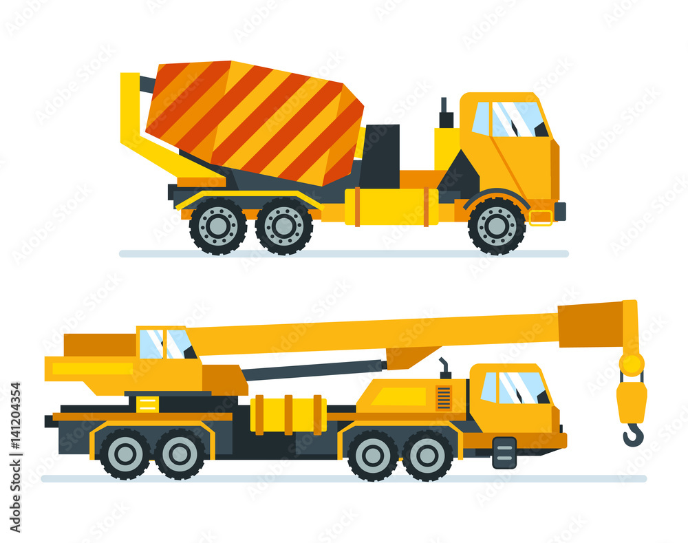 Construction machines, trucks, vehicles for transportation, asphalt, concrete mixing, crane.