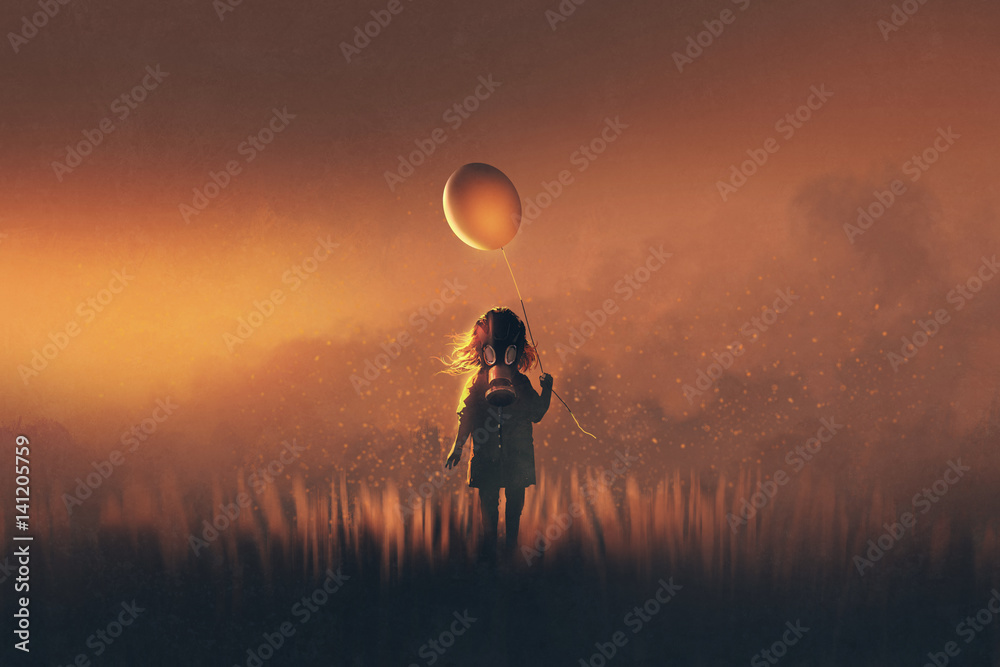 the little girl with gas mask holding balloon standing in fields at sunset,illustration painting - obrazy, fototapety, plakaty 