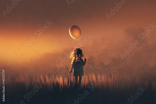 Fototapeta Naklejka Na Ścianę i Meble -  the little girl with gas mask holding balloon standing in fields at sunset,illustration painting