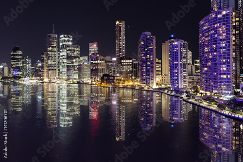 Brisbane cityscape reflections by night on the Brisbane river  viewed from the Story Bridge.
