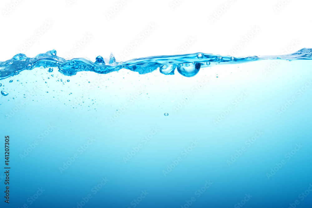 Close up blue Water splash with bubbles on white background Close up blue Water splash with bubbles on white background