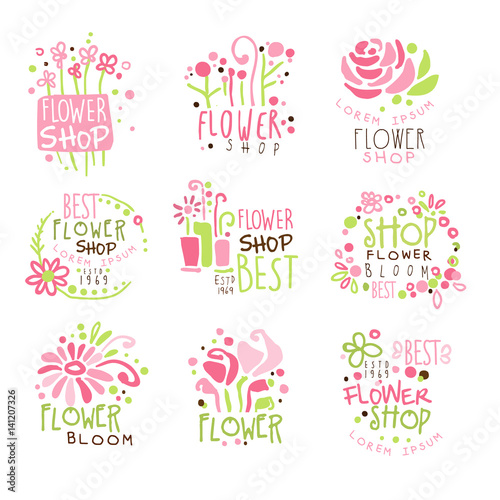 Flower Shop Green And Pink Colorful Graphic Design Template Logo Set, Hand Drawn Vector Stencils