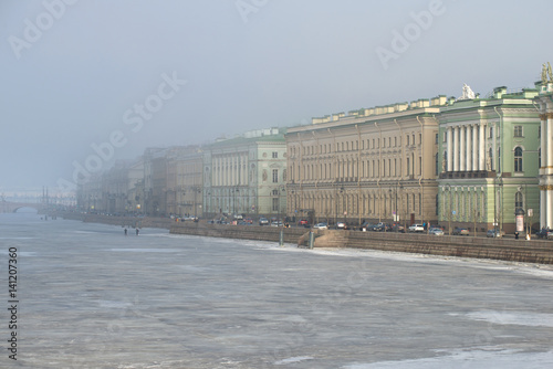 Palace embankment in the misty March afternoon. Saint Petersburg