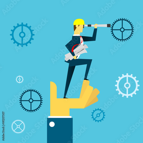 Planning work. Businessman lurking from a distance and standing on hands. Concept business vector illustration.