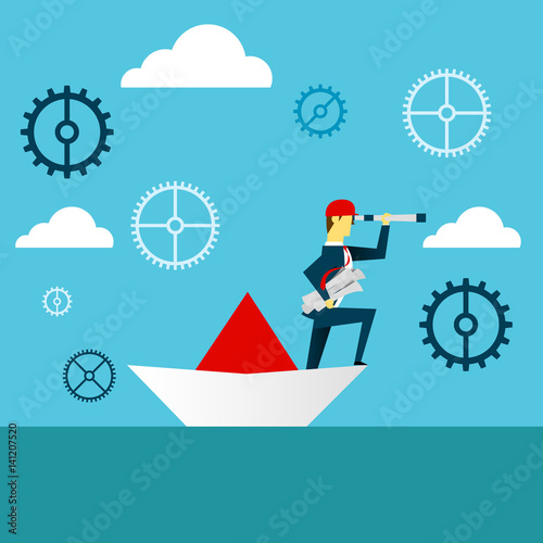 Planning work. Businessman lurking from a distance and standing on paper boat. Concept business vector illustration.