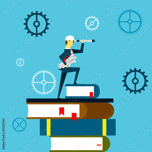 Planning work. Businessman lurking from a distance and standing on a book. Concept business vector illustration.