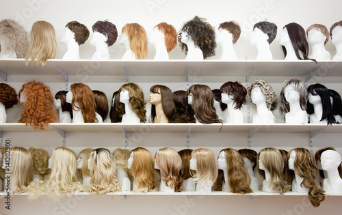 Row of Mannequin Heads with Wigs