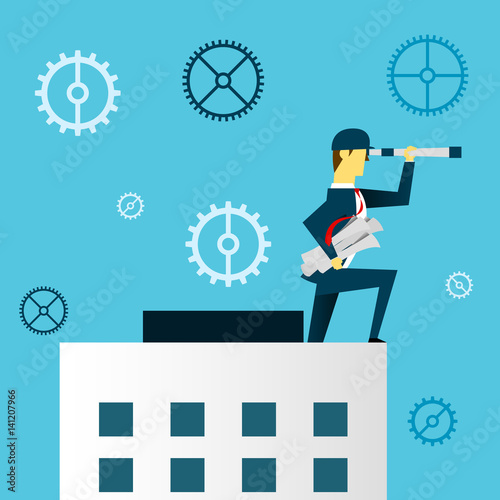 Planning work. Businessman lurking from a distance and stood on the roof of the building. Concept business vector illustration.