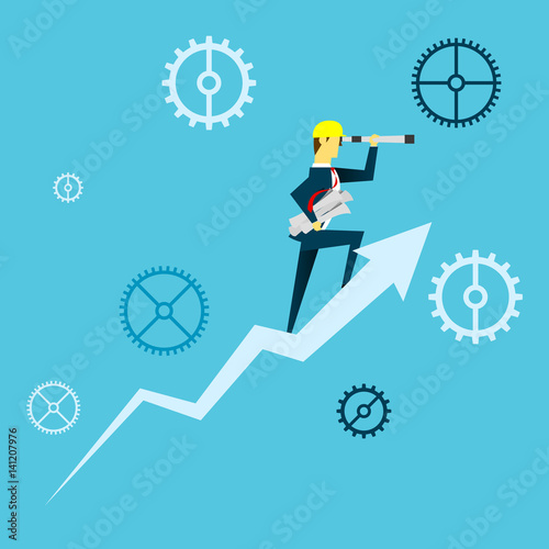 Planning work. Businessman lurking from a distance and stand above the arrow growth. Concept business vector illustration.