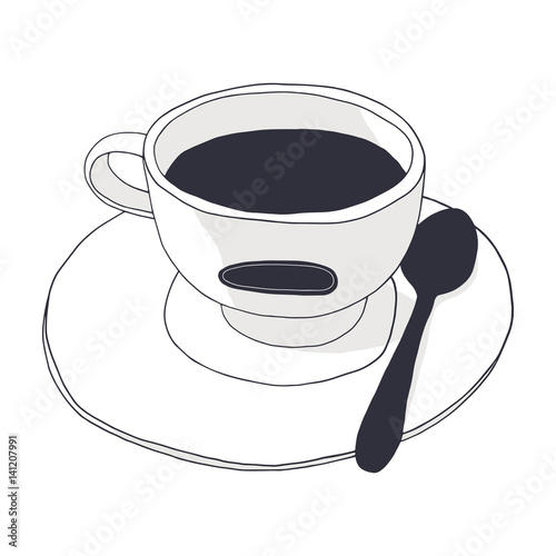 Doodle vector cup of coffee with saucer and spoon on the white background. Cafe illustration 