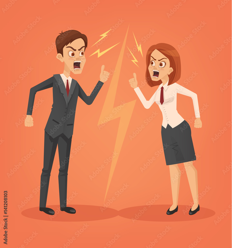 Man and woman office workers characters quarreling. Vector flat cartoon illustration Man and woman office workers characters quarreling. Vector flat cartoon illustration