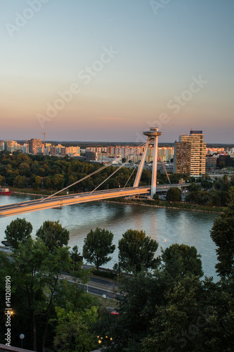 View of the bridge Communist architecture at sunset center of Bratislava Slovakia eastern Europe