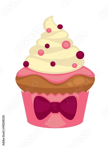 Sweet vanilla cupcake with purple bow and marmalade dots decorations