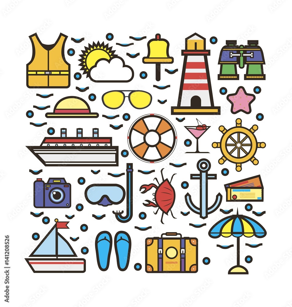 Fototapeta Cruise marine sketch for holiday colorful vector set
