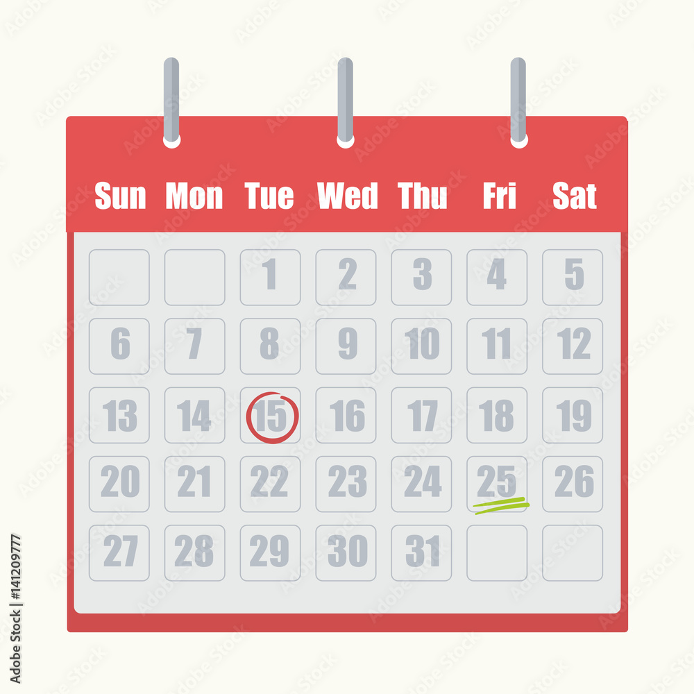 Red flip-flop calendar with gray numbers close-up on white background Red flip-flop calendar with gray numbers close-up on white background