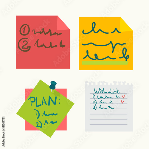 Colorful sticky notes with writings set on white