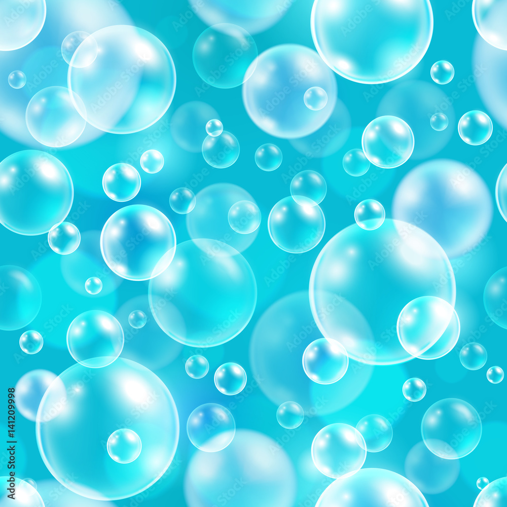 Square element seamless vector background, abstract cyan pattern with air bubbles