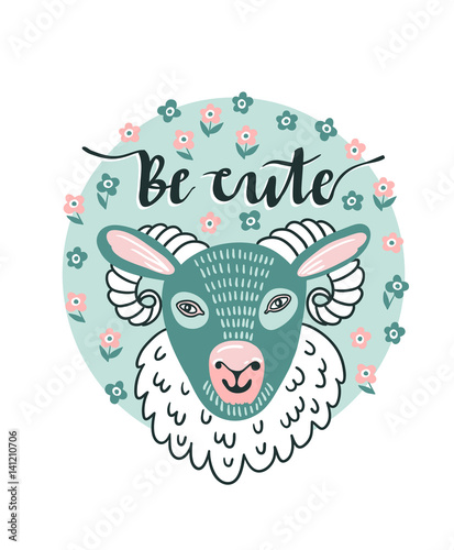 Vector cartoon sheep and hand text - 'be cute'. Cute animal design for children shirt.