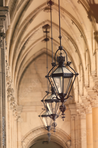 beautiful view on vintage lamp posts on the roof background