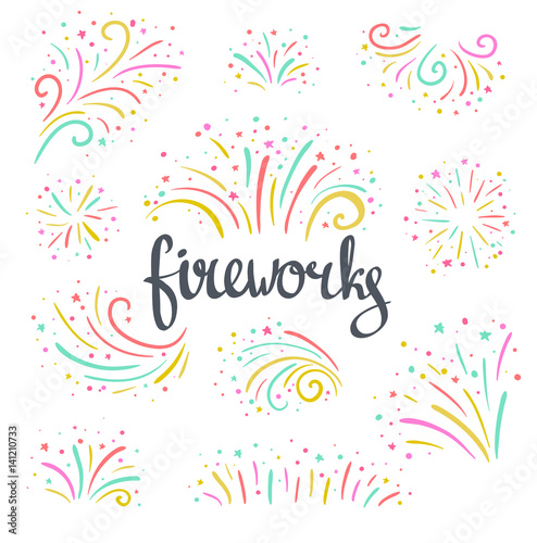 Hand drawn vector colorful Christmas fireworks on the white background. Bright holiday design elements.
