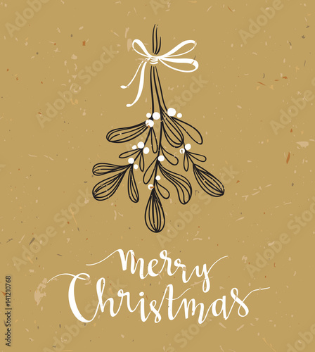 Christmas sprig of mistletoe with holiday lettering - Merry Christmas. Vector illustration for greeting cards, invitations, and other printing projects.