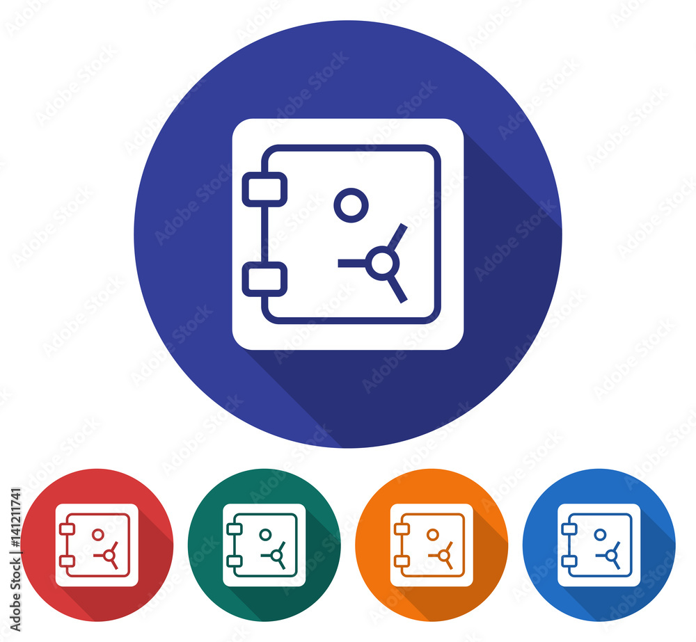 Round icon of safe. Flat style illustration with long shadow in five variants background color Round icon of safe. Flat style illustration with long shadow in five variants background color
