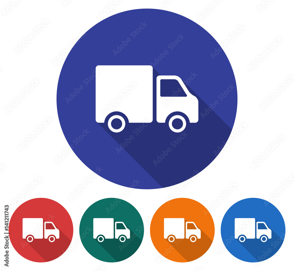 Round icon of delivery car. Flat style illustration with long shadow in five variants background color Round icon of delivery car. Flat style illustration with long shadow in five variants background color