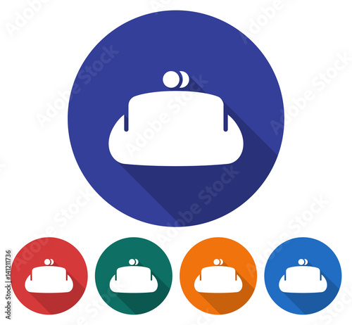 Round icon of purse. Flat style illustration with long shadow in five variants background color