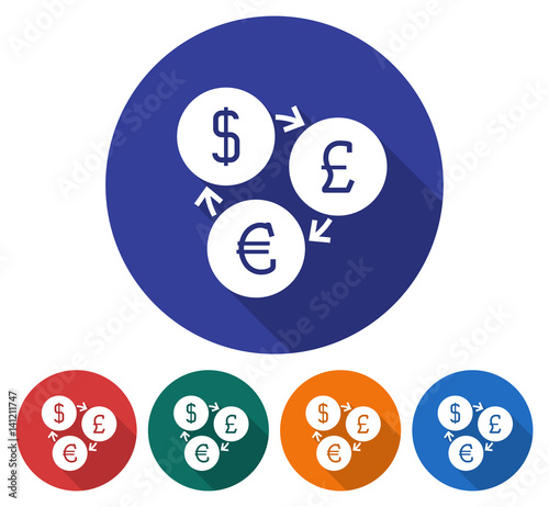 Round icon of currency exchange. Dollar, pounds sterling and euro symbols. Flat style illustration with long shadow in five variants background color