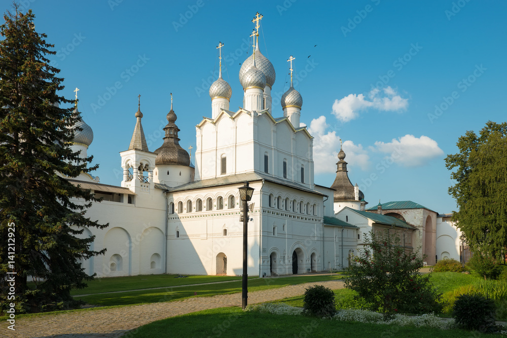 The main entrance in the Dormition Cathedral in Kremlin of Rostov the Great as part of The Golden Ring's group of medieval towns of the northeast of Moscow, Russia.