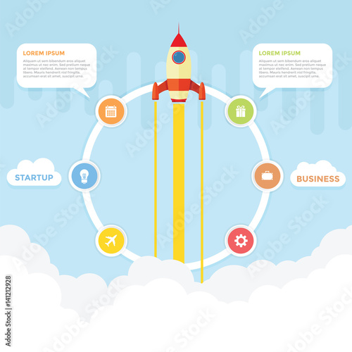 Startup and business infographic with rocket launching in the background © vintagio