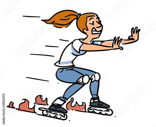 Roller skates accident. Girl on Inline Skates. Cartoon sketch illustration