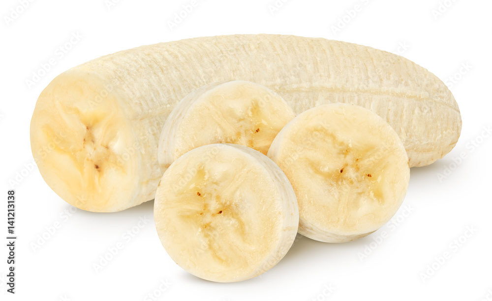 Isolated banana. Peeled banana half with slices isolated on white, with clipping path Isolated banana. Peeled banana half with slices isolated on white, with clipping path